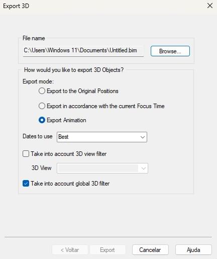 Export 3D Bim Menu with Export Animation option selected