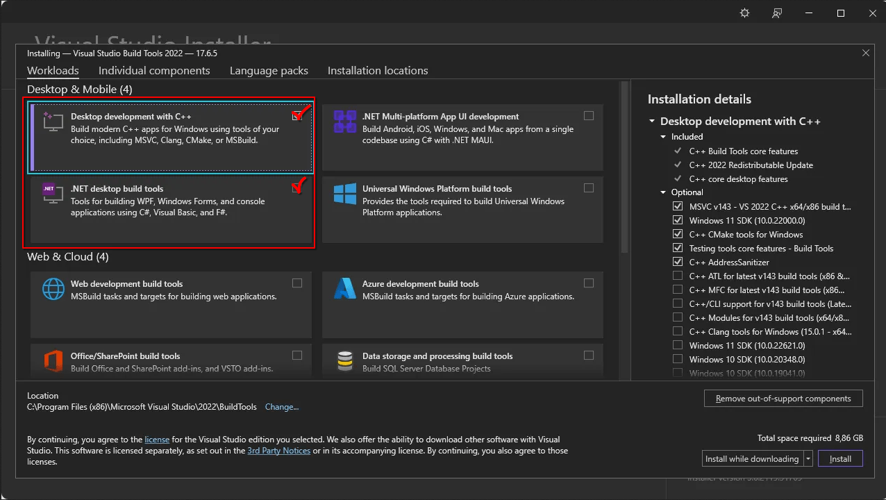 visual studio workload selection of the two required workloads